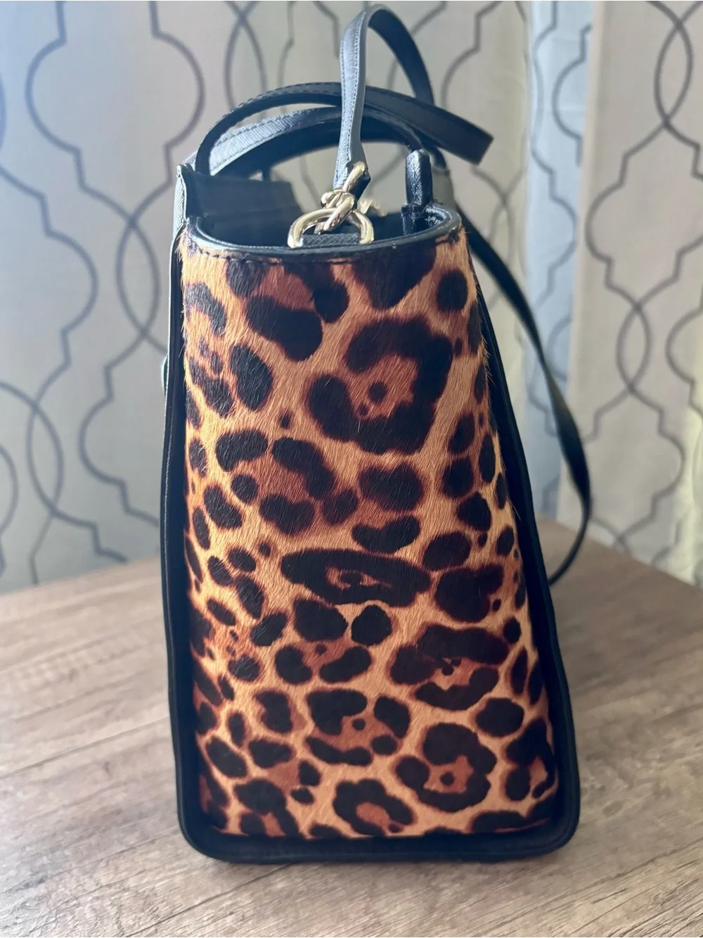 Kate Spade Run Wild Hayden cat face leopard print calf hair Tote with crossbody